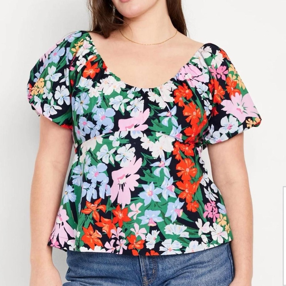 Old Navy Blouse Womens Size 2XL Waist Defined V-Neck Floral Puff Sleeve Boho